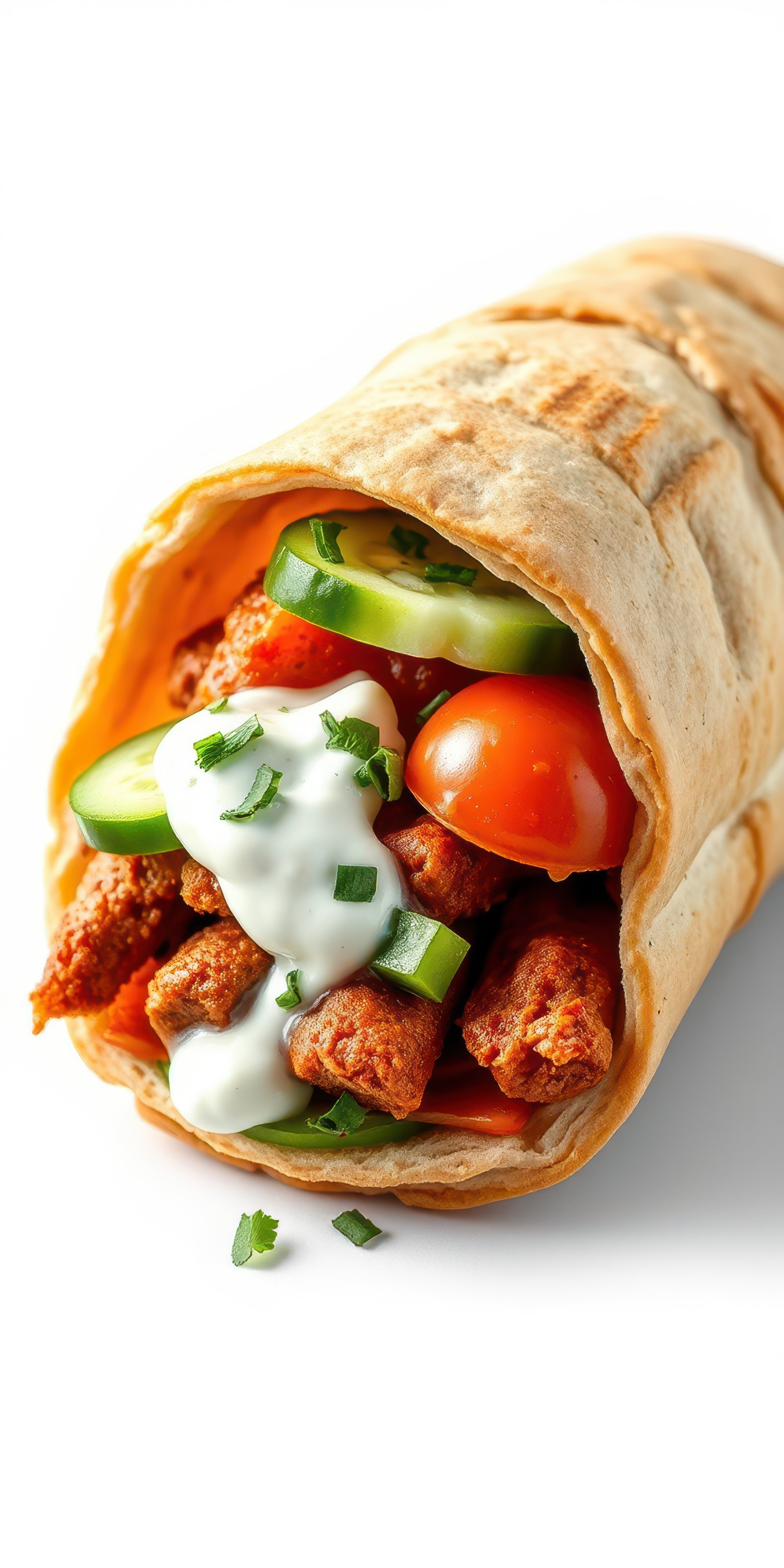 Delicious wrap filled with marinated chicken, fresh vegetables, and creamy sauce served on a clean white surface